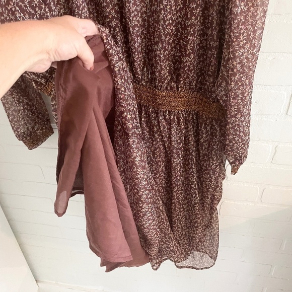 Dex Mini Dress Fall Floral Print Sheer Long sleeve Smocked waist Brown Sz 3X - Picture 10 of 16